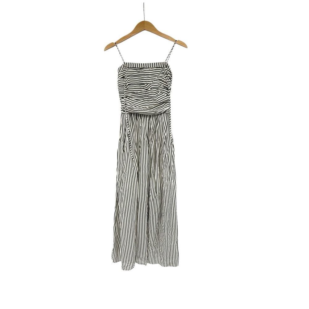 Meiyang Black Cream Stripe Beach Vacation Ruched Midi Dress XS/S?